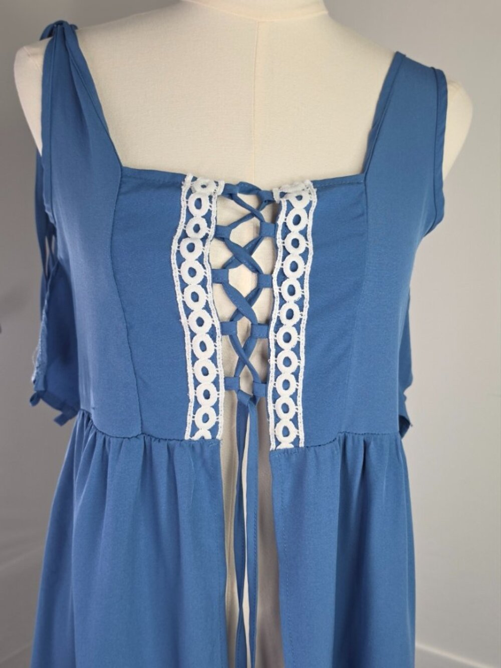 Blue Lace-Up Open Front Maxi Dress